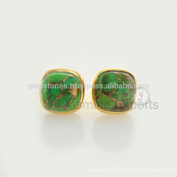 925 Sterling Silver Vermeil Gold Plated Green Copper turquoise Gemstone Bezel Stud Earrings Jewelry Manufacturer